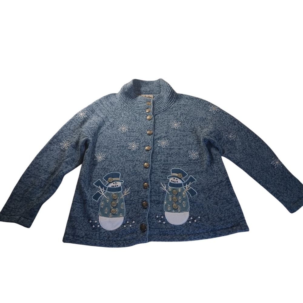Timberlea Snowman Cardigan XL Blue Embroidered Button Front‎ Winter Holiday Knit